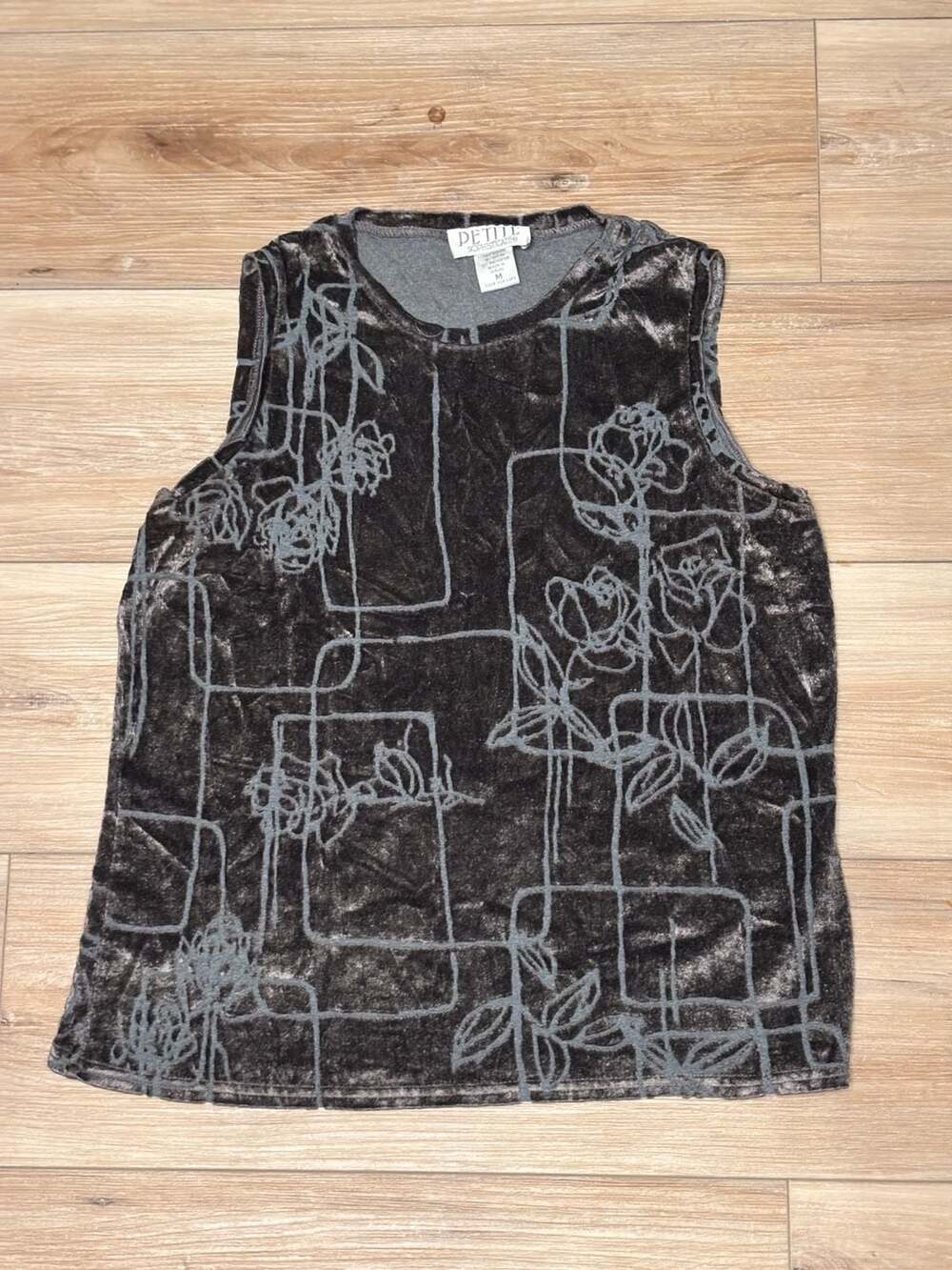 Petite Sophisticate Vintage Velvet Sleeveless Tank Gray Rose Floral Abstract Pri